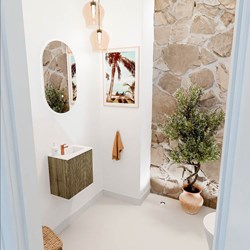 JOYA 40cm mueble fondo reducido color Dusk. Lavabo FAYE posición Derecho 1 orificio color Talc.