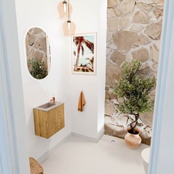 JOYA-DLUX 40cm mueble fondo reducido color Oak. Lavabo FAYE posición Izquierda 1 orificio color Saba.