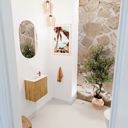 JOYA 40cm mueble fondo reducido color Oak. Lavabo FAYE posición Izquierda 1 orificio color Talc.