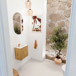 JOYA 40cm toiletmeubel kleur Oak. Wastafel FAYE positie Rechts 1 kraangat kleur Talc.