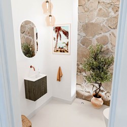 JOYA 40cm toiletmeubel kleur Shadow. Wastafel FAYE positie Midden Zonder kraangat kleur Talc.