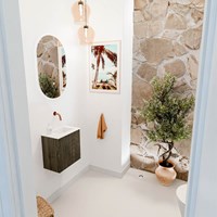 JOYA 40cm toiletmeubel kleur Shadow. Wastafel FAYE positie Rechts Zonder kraangat kleur Talc.