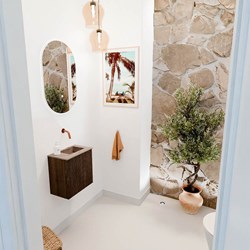 JOYA-DLUX 40cm mueble fondo reducido color Walnut. Lavabo FAYE posición Derecho sin orificio color Arena.