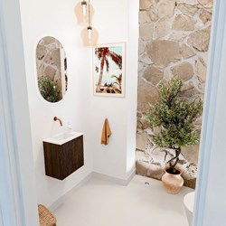 JOYA 40cm meuble lave-main couleur Walnut. Lavabo FAYE position Centrée sans trou pour robinet couleur Talc.