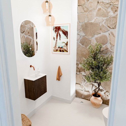 JOYA 40cm cloakroom vanity set color Walnut. Vanity top FAYE position Center without tab hole color Talc.
