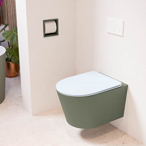 LAVIE hangend toilet single fire rimless diepspoel Army. Toiletzitting met quick-release & softclose Clay.