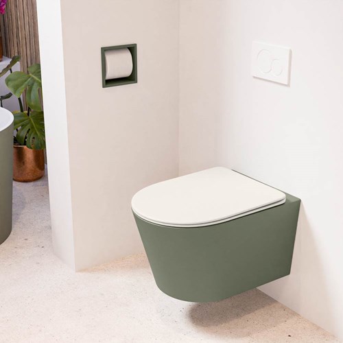 LAVIE hangend toilet single fire rimless diepspoel Army. Toiletzitting met quick-release & softclose Linen.