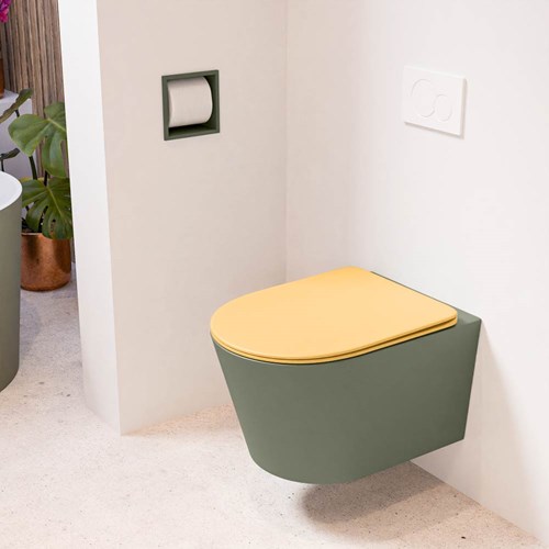 LAVIE hangend toilet single fire rimless diepspoel Army. Toiletzitting met quick-release & softclose Ocher.
