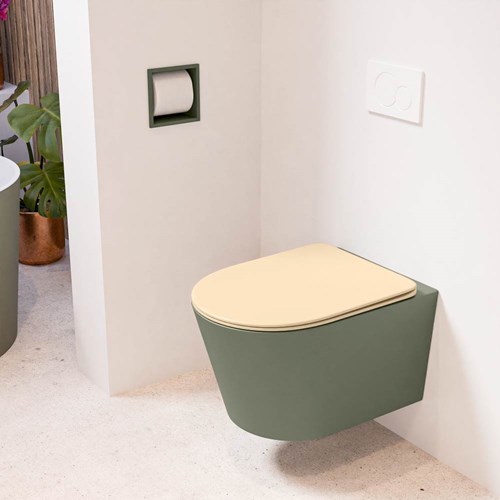LAVIE hangend toilet single fire rimless diepspoel Army. Toiletzitting met quick-release & softclose Sand.