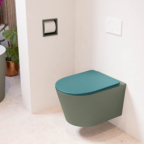 LAVIE hangend toilet single fire rimless diepspoel Army. Toiletzitting met quick-release & softclose Smag.