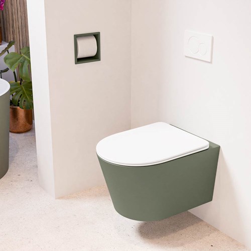 LAVIE hangend toilet single fire rimless diepspoel Army. Toiletzitting met quick-release & softclose Talc.