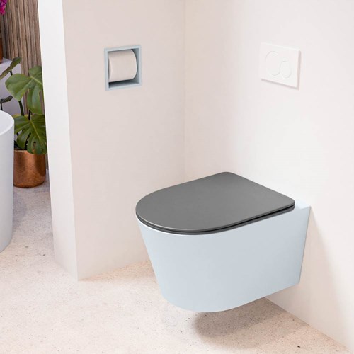 LAVIE hangend toilet single fire rimless diepspoel Clay. Toiletzitting met quick-release & softclose Dark Grey.