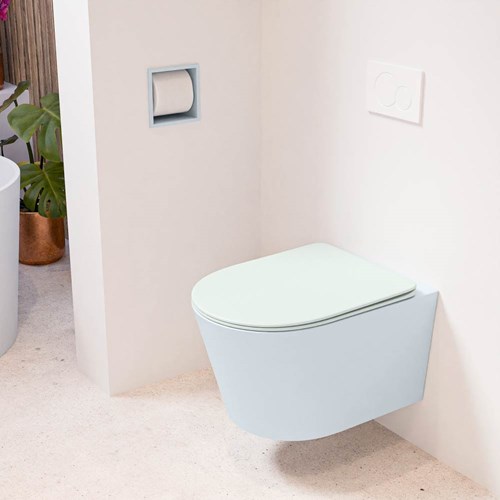 LAVIE hangend toilet single fire rimless diepspoel Clay. Toiletzitting met quick-release & softclose Greey.