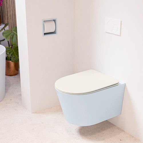 LAVIE hangend toilet single fire rimless diepspoel Clay. Toiletzitting met quick-release & softclose Linen.
