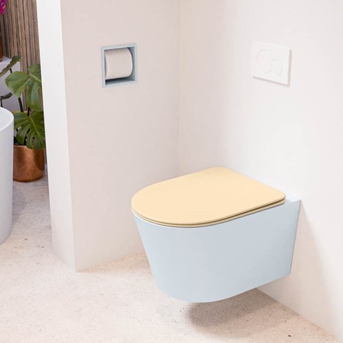 LAVIE hangend toilet single fire rimless diepspoel Clay. Toiletzitting met quick-release & softclose Sand.