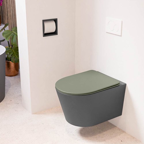 LAVIE hangend toilet single fire rimless diepspoel Dark Grey. Toiletzitting met quick-release & softclose Army.