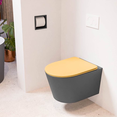LAVIE hangend toilet single fire rimless diepspoel Dark Grey. Toiletzitting met quick-release & softclose Ocher.