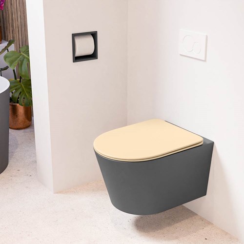 LAVIE hangend toilet single fire rimless diepspoel Dark Grey. Toiletzitting met quick-release & softclose Sand.