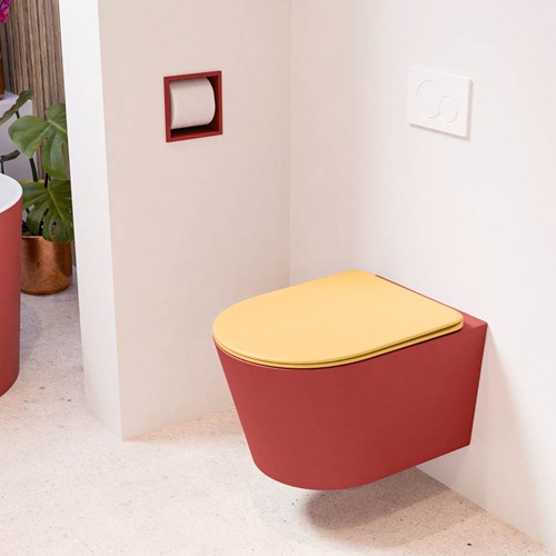 LAVIE hangend toilet single fire rimless diepspoel Fire. Toiletzitting met quick-release & softclose Ocher.