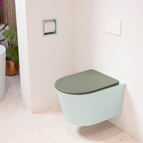 LAVIE hangend toilet single fire rimless diepspoel Greey. Toiletzitting met quick-release & softclose Army.
