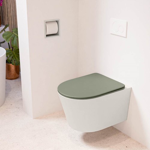 LAVIE hangend toilet single fire rimless diepspoel Linen. Toiletzitting met quick-release & softclose Army.