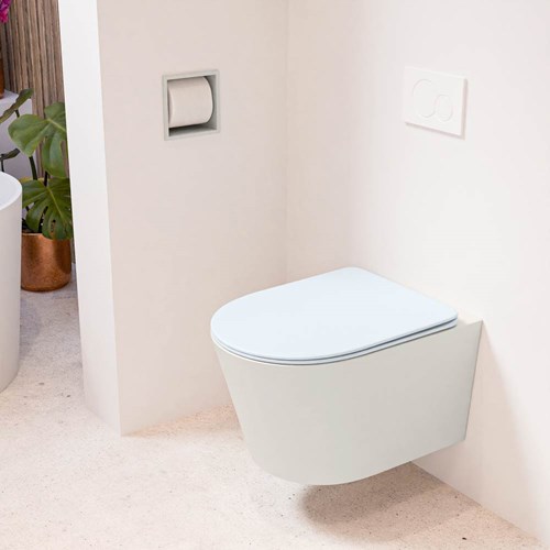 LAVIE hangend toilet single fire rimless diepspoel Linen. Toiletzitting met quick-release & softclose Clay.