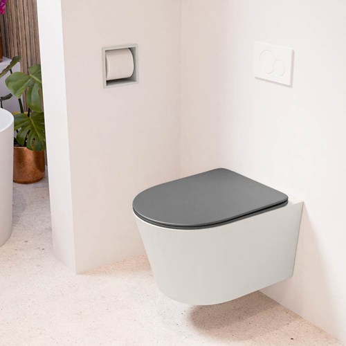 LAVIE hangend toilet single fire rimless diepspoel Linen. Toiletzitting met quick-release & softclose Dark Grey.