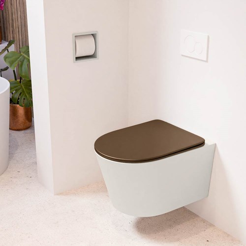 LAVIE hangend toilet single fire rimless diepspoel Linen. Toiletzitting met quick-release & softclose Rust.