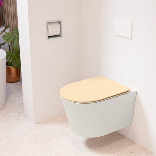 LAVIE hangend toilet single fire rimless diepspoel Linen. Toiletzitting met quick-release & softclose Sand.