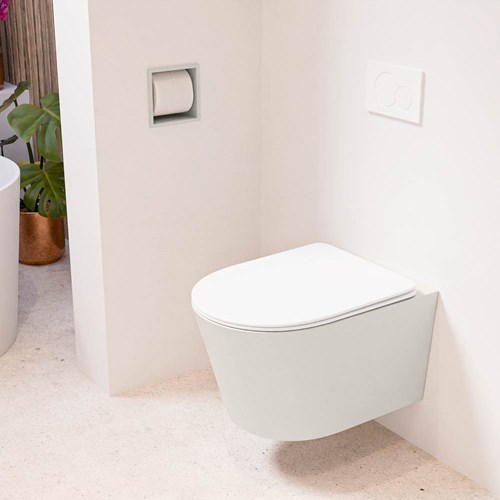 LAVIE hangend toilet single fire rimless diepspoel Linen. Toiletzitting met quick-release & softclose Talc.
