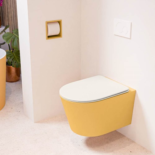 LAVIE hangend toilet single fire rimless diepspoel Ocher. Toiletzitting met quick-release & softclose Linen.