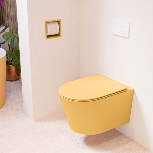 LAVIE hangend toilet single fire rimless diepspoel Ocher. Toiletzitting met quick-release & softclose Ocher.