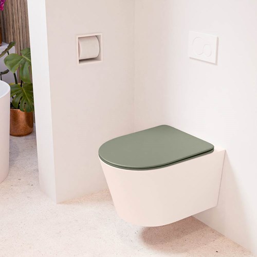LAVIE hangend toilet single fire rimless diepspoel Rosee. Toiletzitting met quick-release & softclose Army.