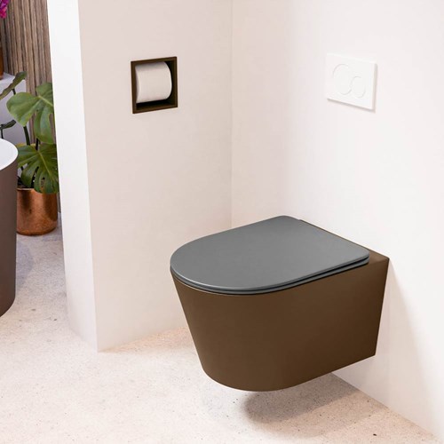 LAVIE hangend toilet single fire rimless diepspoel Rust. Toiletzitting met quick-release & softclose Dark Grey.