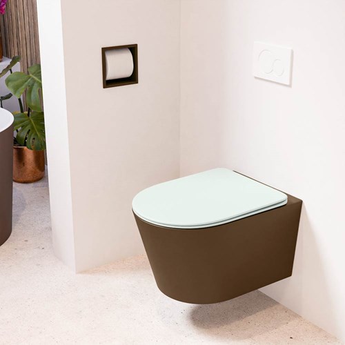LAVIE hangend toilet single fire rimless diepspoel Rust. Toiletzitting met quick-release & softclose Greey.