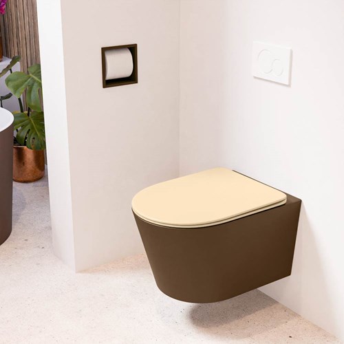 LAVIE hangend toilet single fire rimless diepspoel Rust. Toiletzitting met quick-release & softclose Sand.