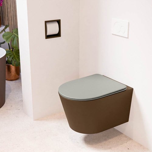 LAVIE hangend toilet single fire rimless diepspoel Rust. Toiletzitting met quick-release & softclose Smoke.