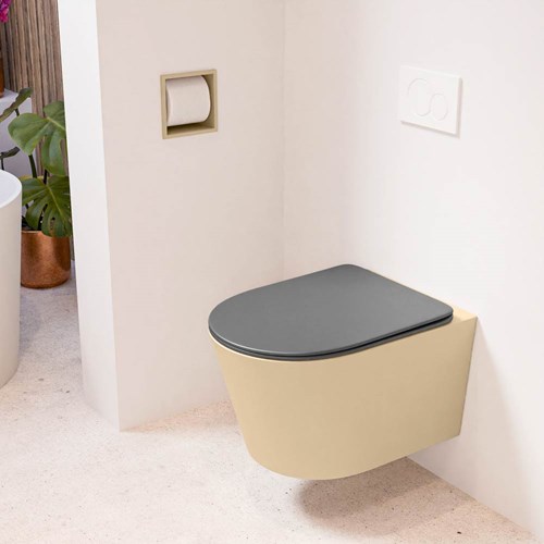 LAVIE hangend toilet single fire rimless diepspoel Sand. Toiletzitting met quick-release & softclose Dark Grey.