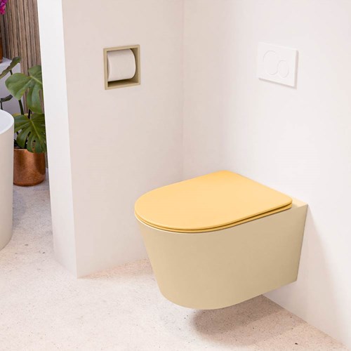 LAVIE hangend toilet single fire rimless diepspoel Sand. Toiletzitting met quick-release & softclose Ocher.