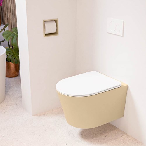 LAVIE hangend toilet single fire rimless diepspoel Sand. Toiletzitting met quick-release & softclose Talc.