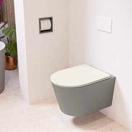 LAVIE hangend toilet single fire rimless diepspoel Smoke. Toiletzitting met quick-release & softclose Linen.