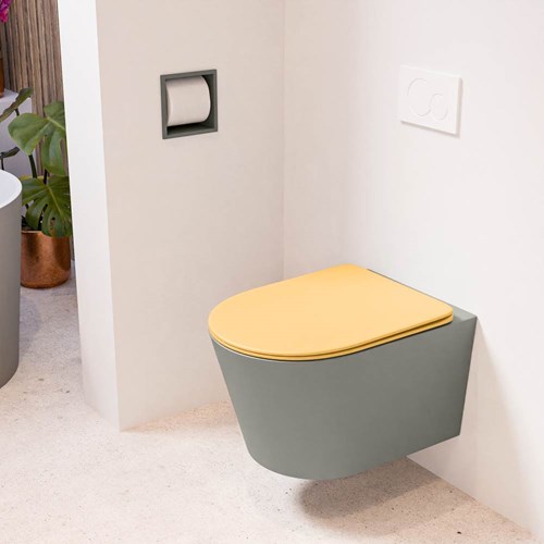 LAVIE hangend toilet single fire rimless diepspoel Smoke. Toiletzitting met quick-release & softclose Ocher.
