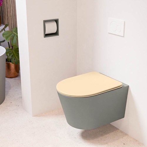 LAVIE hangend toilet single fire rimless diepspoel Smoke. Toiletzitting met quick-release & softclose Sand.