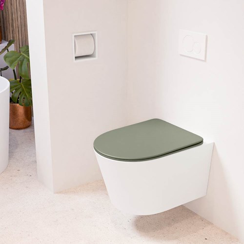 LAVIE hangend toilet single fire rimless diepspoel Talc. Toiletzitting met quick-release & softclose Army.