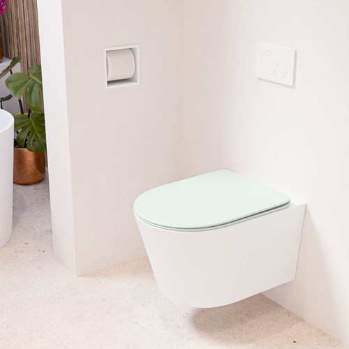 LAVIE hangend toilet single fire rimless diepspoel Talc. Toiletzitting met quick-release & softclose Greey.