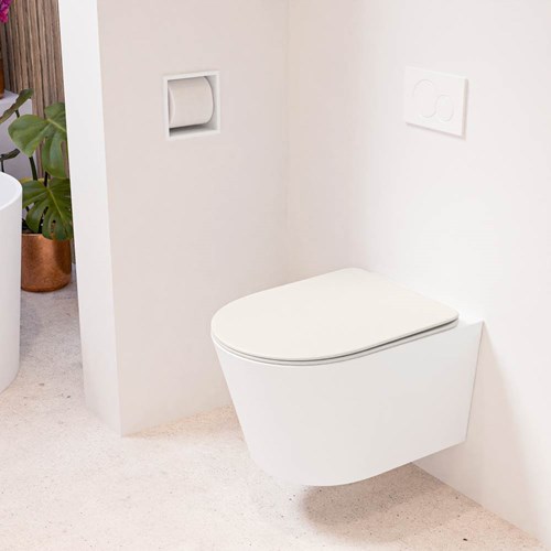 LAVIE hangend toilet single fire rimless diepspoel Talc. Toiletzitting met quick-release & softclose Linen.