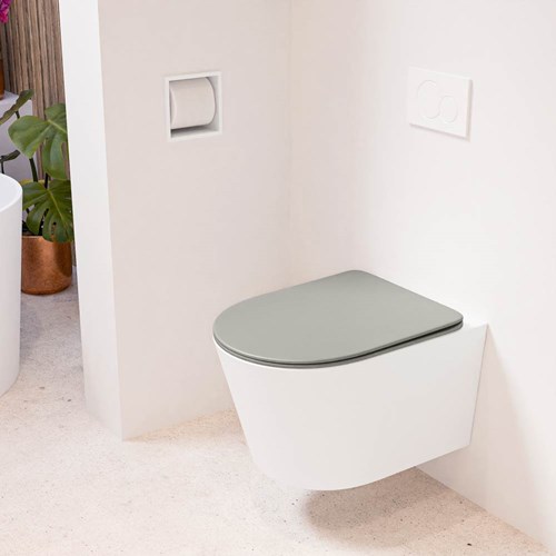 LAVIE hangend toilet single fire rimless diepspoel Talc. Toiletzitting met quick-release & softclose Smoke.