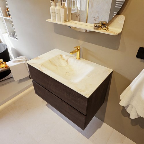 VICA-DLUX 80cm badmeubel onderkast Dark Brown 2 lades. Inbouw wastafel CLOUD midden 1 kraangat, kleur Frappe.