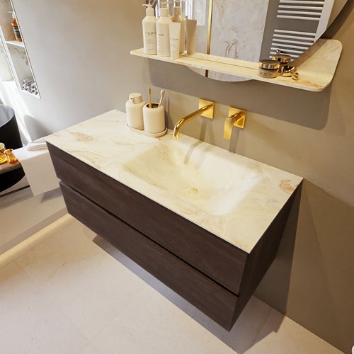 VICA-DLUX 110cm badmeubel onderkast Dark Brown 2 lades. Inbouw wastafel CLOUD rechts zonder kraangat, kleur Frappe.