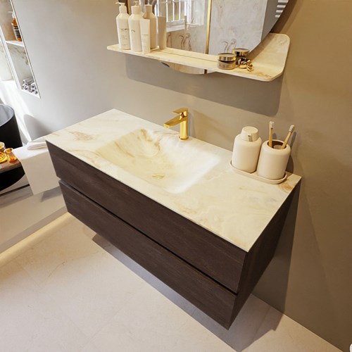VICA-DLUX 110cm badmeubel onderkast Dark Brown 2 lades. Inbouw wastafel CLOUD midden 1 kraangat, kleur Frappe.
